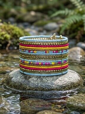 Beaded Brass Cuff Bracelet Wide Pastel Multicolor Boho Handmade India Folk 1.5"
